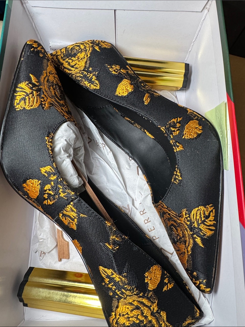 NEW- Katy Perry Collections Black Pumps with Gold Floral Embroidery